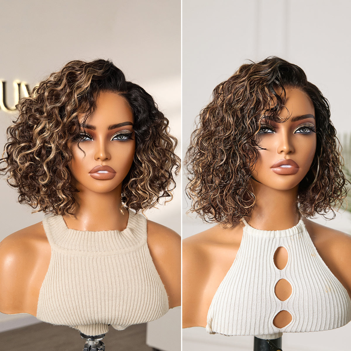 Ready to Go Blonde Highlight / Natural Black / Ombre Brown Water Wave Short Curly Bob Wig Glueless Minimalist HD Lace Wig Pre-Cut Lace