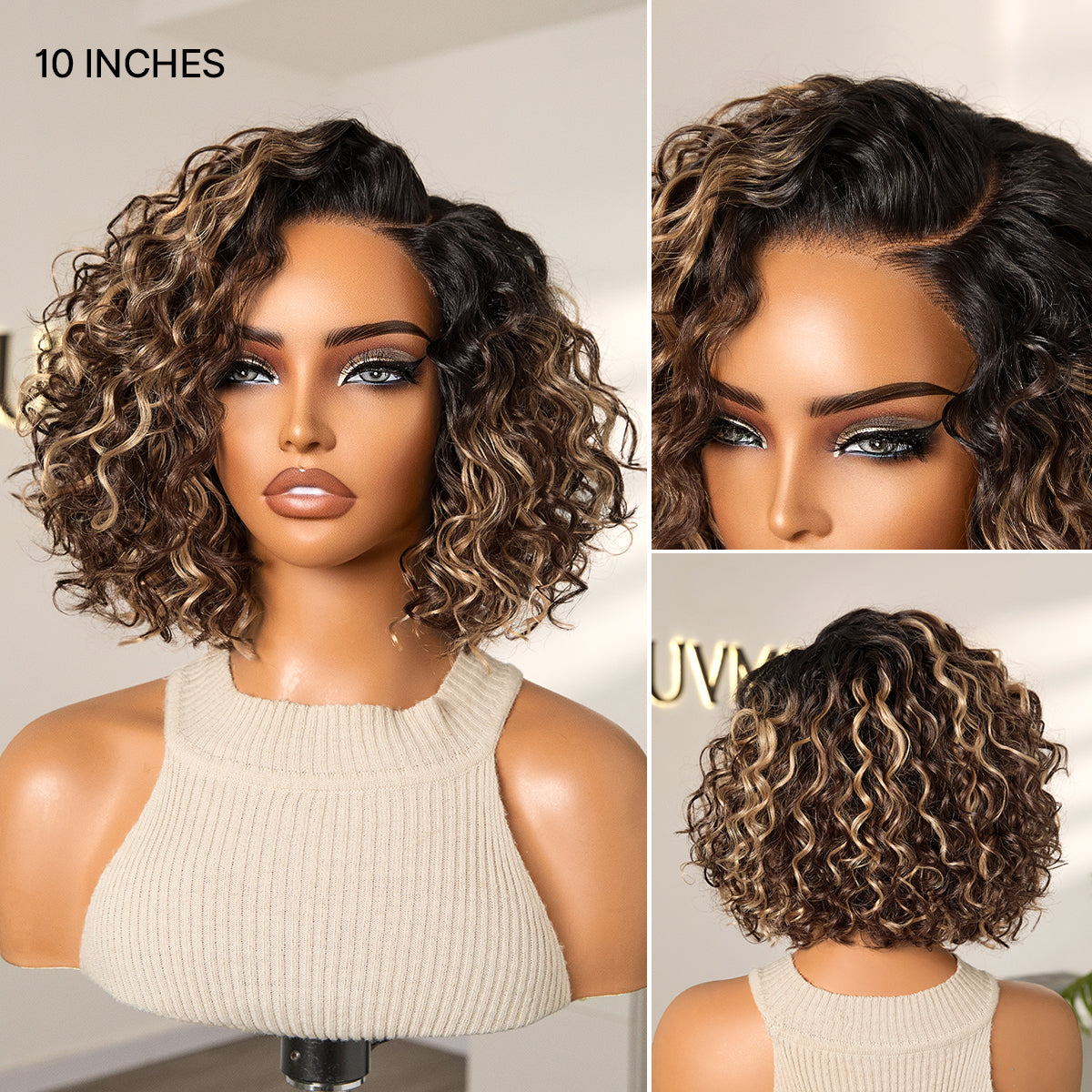 Ready to Go Blonde Highlight / Natural Black / Ombre Brown Water Wave Short Curly Bob Wig Glueless Minimalist HD Lace Wig Pre-Cut Lace