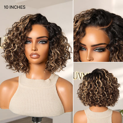Ready to Go Blonde Highlight / Natural Black / Ombre Brown Water Wave Short Curly Bob Wig Glueless Minimalist HD Lace Wig Pre-Cut Lace