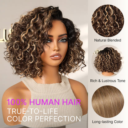 Ready to Go Blonde Highlight / Natural Black / Ombre Brown Water Wave Short Curly Bob Wig Glueless Minimalist HD Lace Wig Pre-Cut Lace