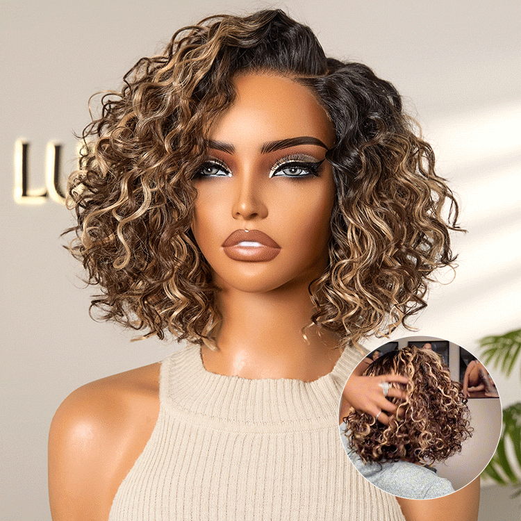 Ready to Go Blonde Highlight / Natural Black / Ombre Brown Water Wave Short Curly Bob Wig Glueless Minimalist HD Lace Wig Pre-Cut Lace