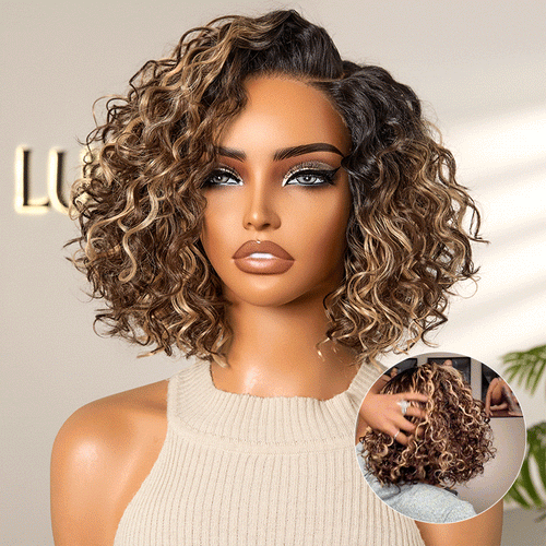 Ready to Go Blonde Highlight / Natural Black / Ombre Brown Water Wave Short Curly Bob Wig Glueless Minimalist HD Lace Wig Pre-Cut Lace