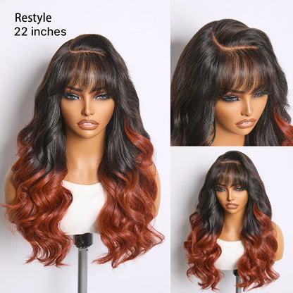 Ombre Reddish Brown Loose Wave Glueless 5x5 Closure Lace Wig with Bangs Pre-Cut Lace