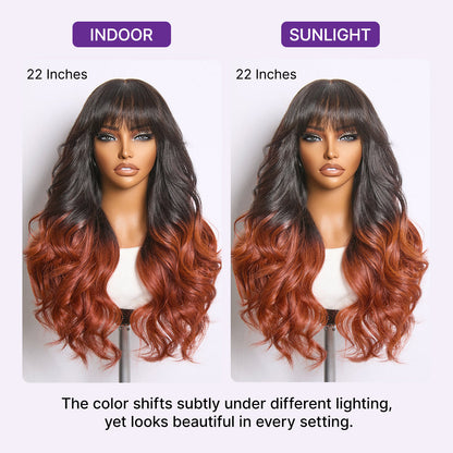 Ombre Reddish Brown Loose Wave Glueless 5x5 Closure Lace Wig with Bangs Pre-Cut Lace