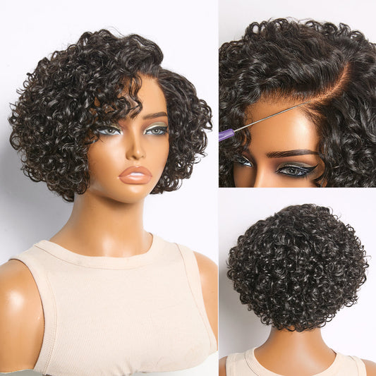 Natural Black / Brown Highlight Water Wave Pixie Cut Glueless Minimalist HD Lace Short Curly Wig