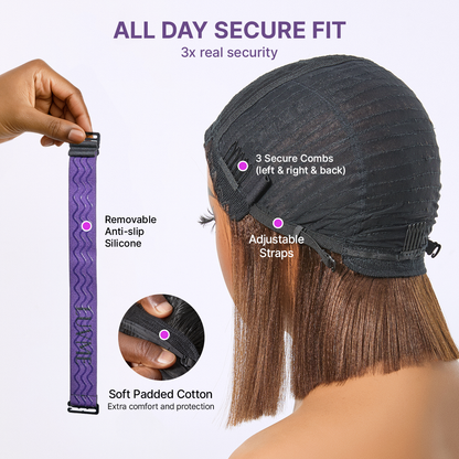 Beginner Friendly Honey Blonde Highlight Yaki Blunt Cut Bob Glueless Minimalist Lace Bob Wig with Bangs