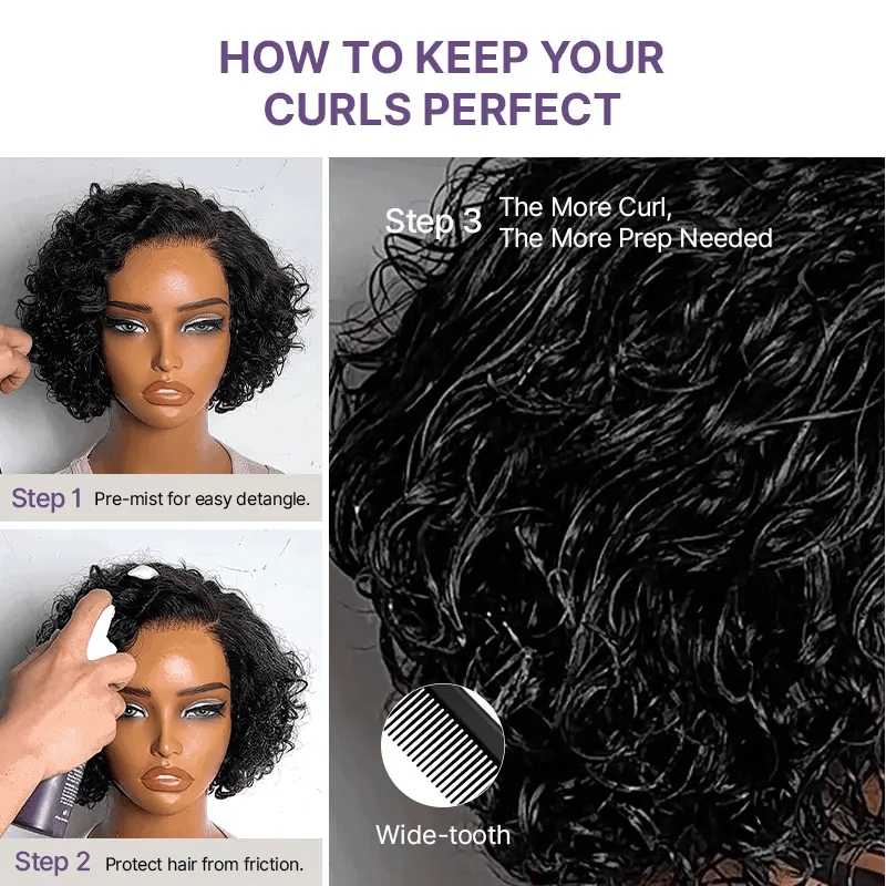 Natural Black / Brown Highlight Water Wave Pixie Cut Glueless Minimalist HD Lace Short Curly Wig