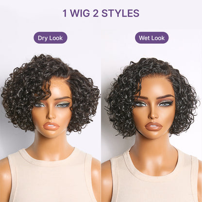 Natural Black / Brown Highlight Water Wave Pixie Cut Glueless Minimalist HD Lace Short Curly Wig