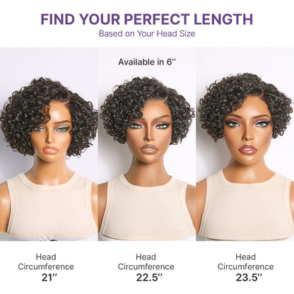 Natural Black / Brown Highlight Water Wave Pixie Cut Glueless Minimalist HD Lace Short Curly Wig