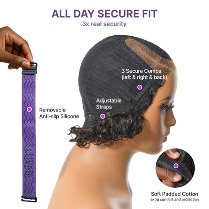 Natural Black / Brown Highlight Water Wave Pixie Cut Glueless Minimalist HD Lace Short Curly Wig