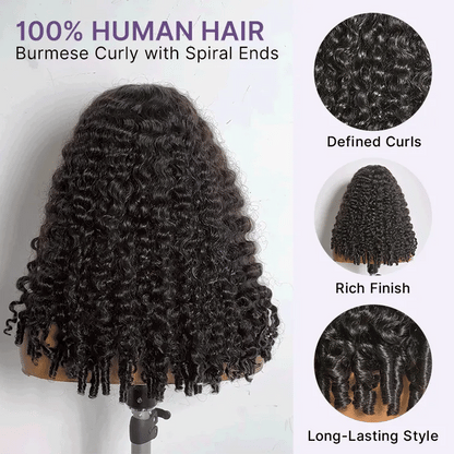 180% Density Burmese Curly Finger Coil Ends Glueless 5x5 Closure HD Lace Wig Pre-Cut Lace - Limited Time Offer