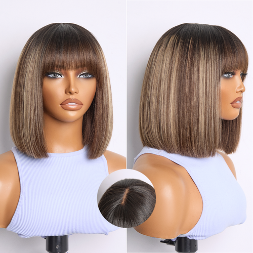 Beginner Friendly Honey Blonde Highlight Yaki Blunt Cut Bob Glueless Minimalist Lace Bob Wig with Bangs