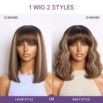 Beginner Friendly Honey Blonde Highlight Yaki Blunt Cut Bob Glueless Minimalist Lace Bob Wig with Bangs