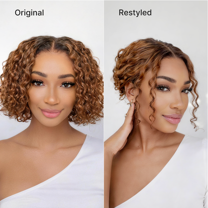Warm Caramel Brown / Natural Black / Blonde Highlight Deep Curly Glueless 5x5 Closure Pre-Cut Lace Wig