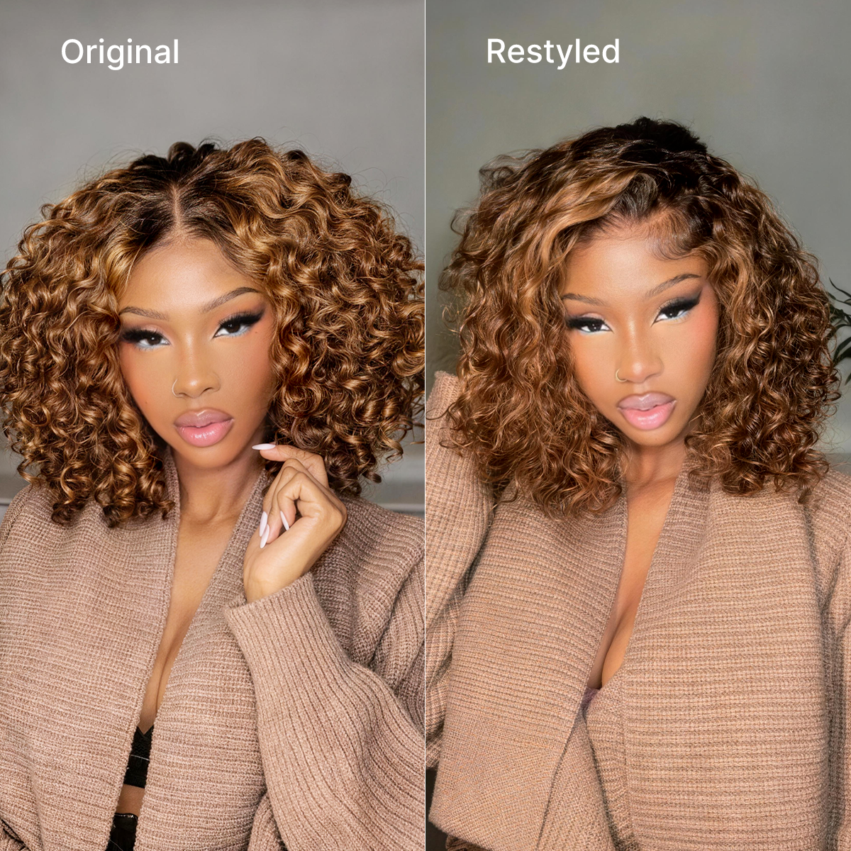 Warm Caramel Brown / Natural Black / Blonde Highlight Deep Curly Glueless 5x5 Closure Pre-Cut Lace Wig