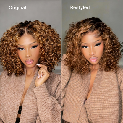 Warm Caramel Brown / Natural Black / Blonde Highlight Deep Curly Glueless 5x5 Closure Pre-Cut Lace Wig