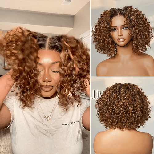 Warm Caramel Brown / Natural Black / Blonde Highlight Deep Curly Glueless 5x5 Closure Pre-Cut Lace Wig