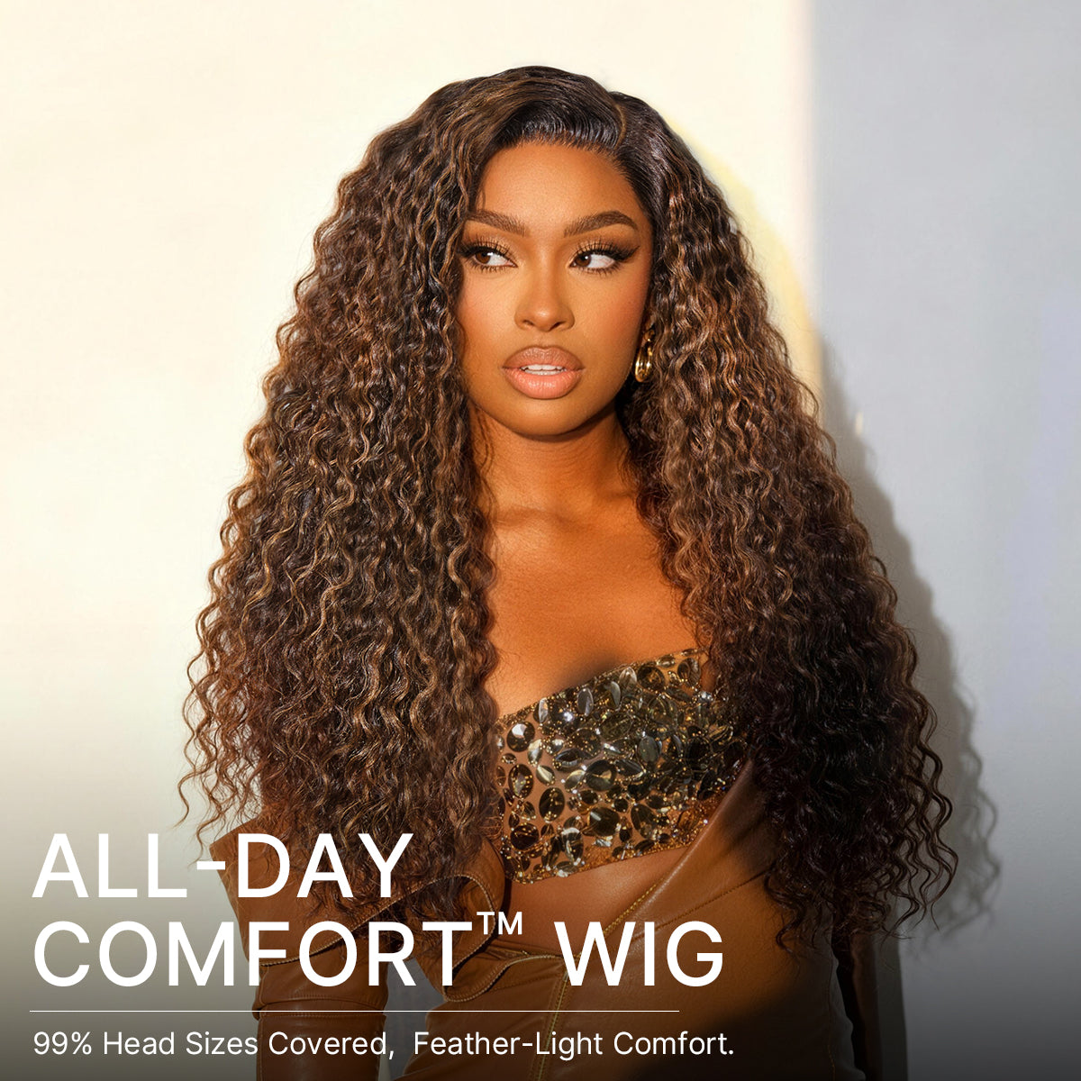 Luvme All-Day Comfort™ Wig PartingMax Brown Highlights Funmi Curly 7x6 Closure HD Lace Glueless Wig Pre Cut Lace