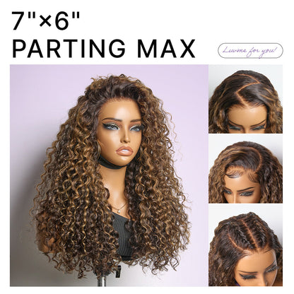 Luvme All-Day Comfort™ Wig PartingMax Brown Highlights Funmi Curly 7x6 Closure HD Lace Glueless Wig Pre Cut Lace