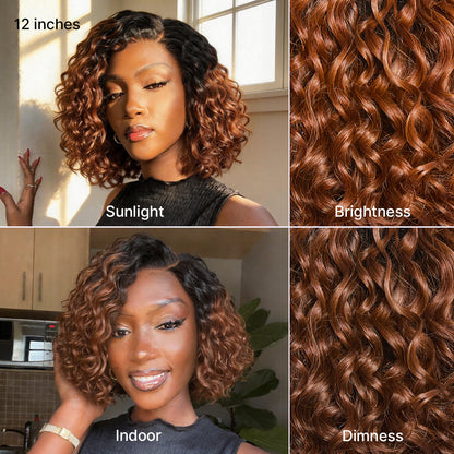 Ready to Go Blonde Highlight / Natural Black / Ombre Brown Water Wave Short Curly Bob Wig Glueless Minimalist HD Lace Wig Pre-Cut Lace