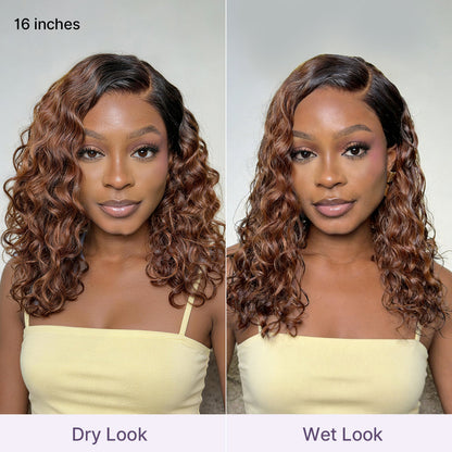 Ready to Go Blonde Highlight / Natural Black / Ombre Brown Water Wave Short Curly Bob Wig Glueless Minimalist HD Lace Wig Pre-Cut Lace