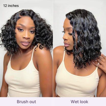 Ready to Go Blonde Highlight / Natural Black / Ombre Brown Water Wave Short Curly Bob Wig Glueless Minimalist HD Lace Wig Pre-Cut Lace