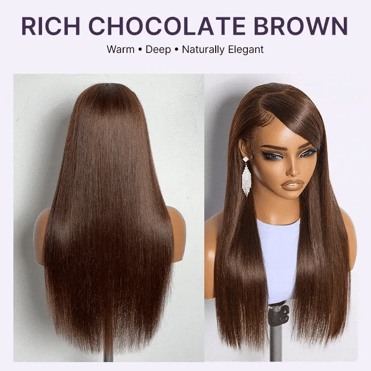 Rich Chocolate Brown Silky Straight 180% Density Glueless 13x4 Lace Frontal Wig Pre-Cut Lace