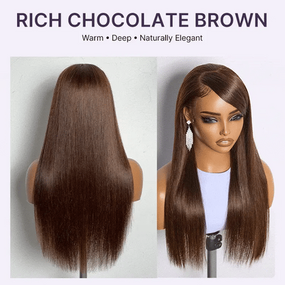 Rich Chocolate Brown Silky Straight 180% Density Glueless 13x4 Lace Frontal Wig Pre-Cut Lace