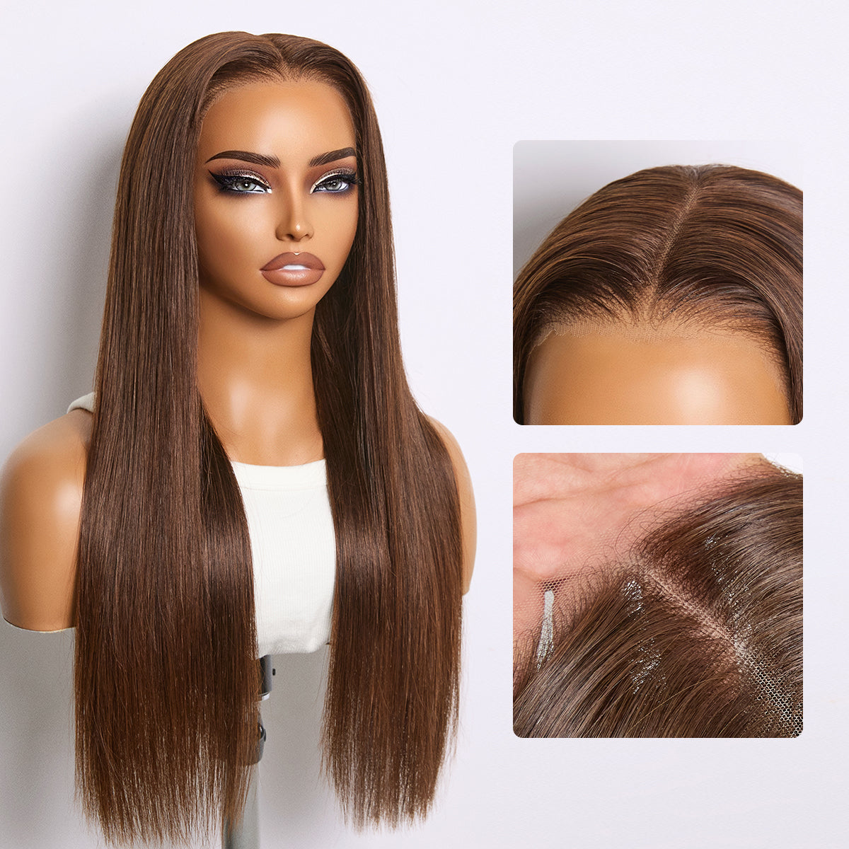 Rich Chocolate Brown Silky Straight 180% Density Glueless 13x4 Lace Frontal Wig Pre-Cut Lace