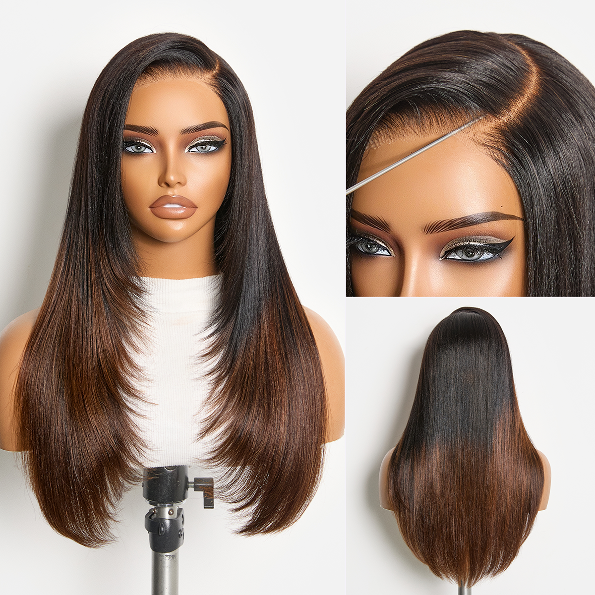 Luvme All-Day Comfort™ Wig 180% Density Ombre Brown Butterfly Cut Layered Light Yaki Straight Glueless 7x6 Closure HD Lace Human Hair Wig Pre-Cut Lace