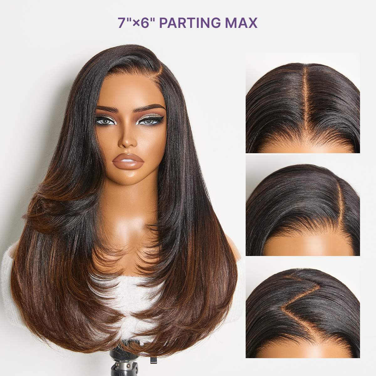 Luvme All-Day Comfort™ Wig 180% Density Ombre Brown Butterfly Cut Layered Light Yaki Straight Glueless 7x6 Closure HD Lace Human Hair Wig Pre-Cut Lace