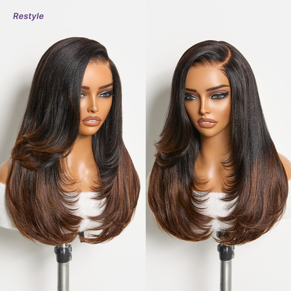 Luvme All-Day Comfort™ Wig 180% Density Ombre Brown Butterfly Cut Layered Light Yaki Straight Glueless 7x6 Closure HD Lace Human Hair Wig Pre-Cut Lace