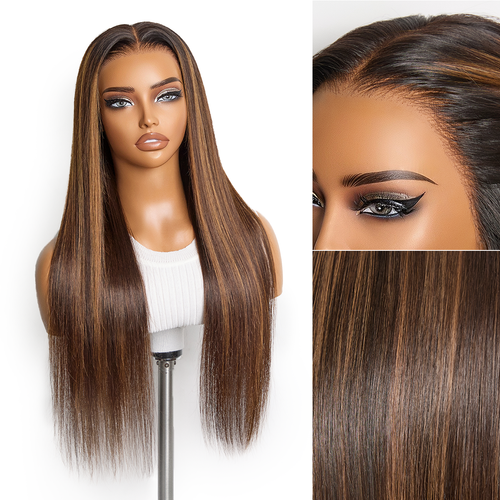PreMax Wigs - Chestnut Brown with Honey Blonde Highlights Silky Straight 13x4 Frontal Lace Glueless Long Wig Pre-Cut Lace