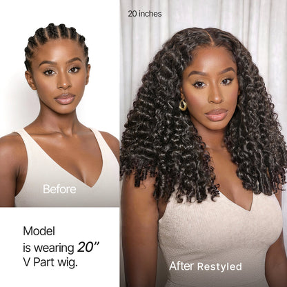 True Scalp V Part 180% Density Burmese Curly Finger Coil Ends Glueless Human Hair Wig with Flexi-Fit Drawstring
