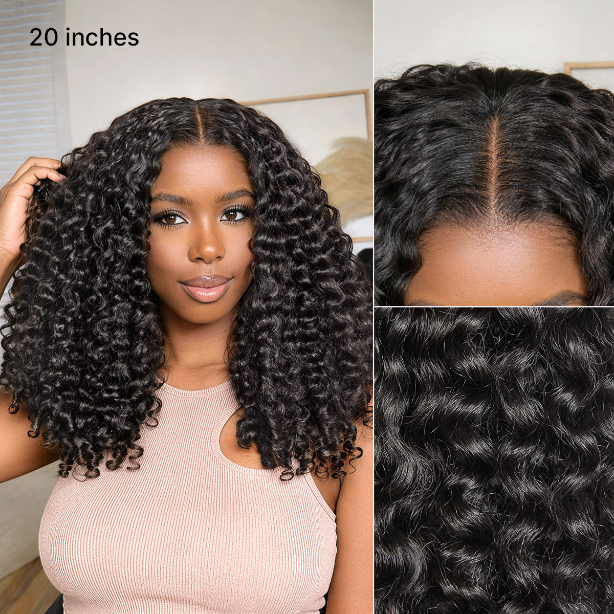 True Scalp V Part 180% Density Burmese Curly Finger Coil Ends Glueless Human Hair Wig with Flexi-Fit Drawstring
