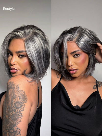 Boss Vibe Salt & Pepper Layered Bob Glueless Pre-Cut Minimalist  HD Lace Grey Wig
