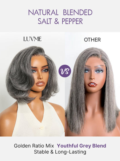 Boss Vibe Salt & Pepper Layered Bob Glueless Pre-Cut Minimalist  HD Lace Grey Wig
