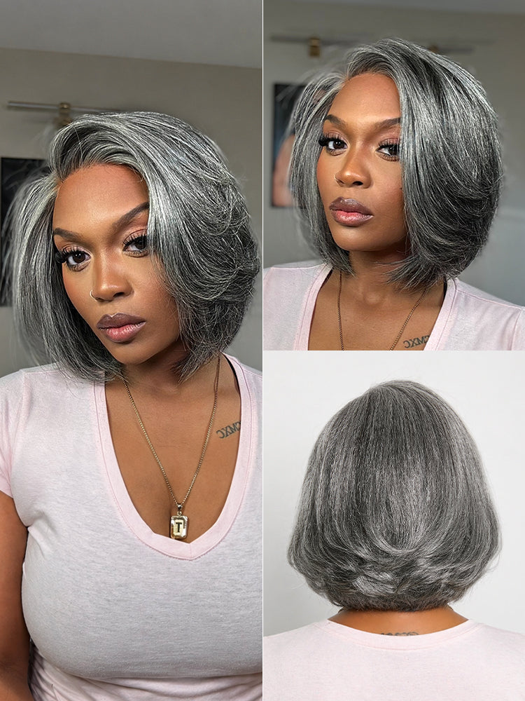Boss Vibe Salt & Pepper Layered Bob Glueless Pre-Cut Minimalist  HD Lace Grey Wig
