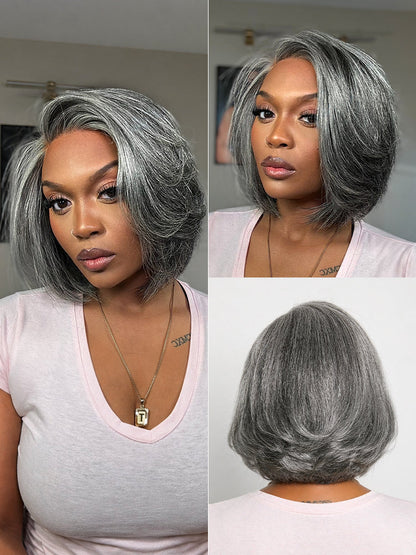 Boss Vibe Salt & Pepper Layered Bob Glueless Pre-Cut Minimalist  HD Lace Grey Wig