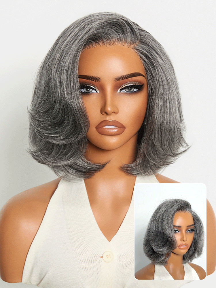 Boss Vibe Salt & Pepper Layered Bob Glueless Pre-Cut Minimalist  HD Lace Grey Wig