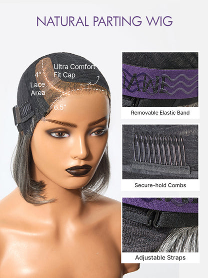 Boss Vibe Salt & Pepper Layered Bob Glueless Pre-Cut Minimalist  HD Lace Grey Wig