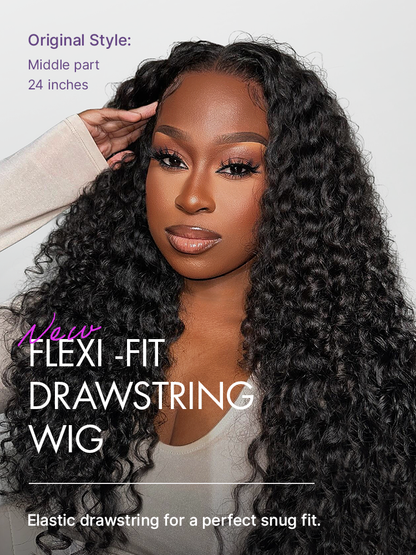 PreMax 180% Density Water Wave Glueless Flexi-Fit Drawstring 13x4 Frontal Lace Fluffy Curly Pre-Cut Lace Wig, 360-Like Design Allows Ponytail & Updo