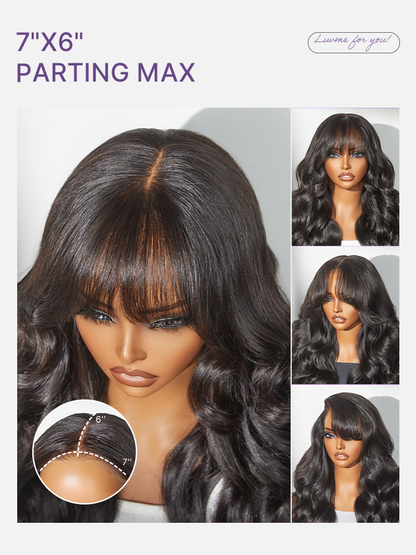 Luvme All-Day Comfort™ Wig 180% Density Loose Body Wave Glueless 7x6 Closure HD Lace Human Hair Wig with Bangs Pre-Cut Lace