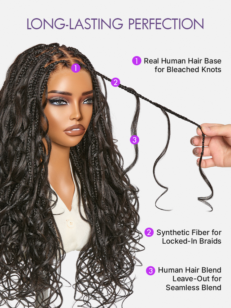 OwnScalp™ French Curl Knotless Boho Braids HD Full Lace Long Wig Flexi Fit Invisi Drawstring Cap - US Only