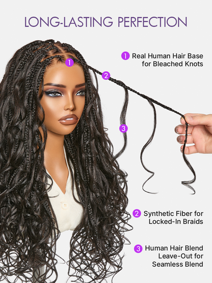 OwnScalp™ French Curl Knotless Boho Braids HD Full Lace Long Wig Flexi Fit Invisi Drawstring Cap - US Only