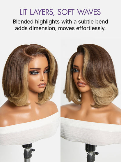 Honey Blonde Face-Framing Highlights Blow Out Layered Cut Glueless 5x5 Closure Lace Bob Wig Pre-cut Lace