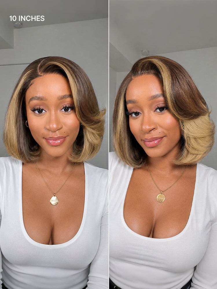 Honey Blonde Face-Framing Highlights Blow Out Layered Cut Glueless 5x5 Closure Lace Bob Wig Pre-cut Lace