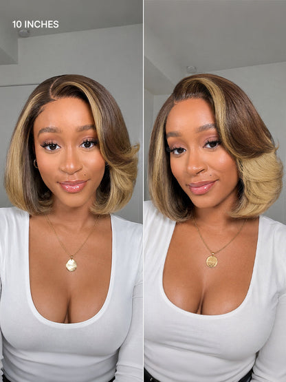 Honey Blonde Face-Framing Highlights Blow Out Layered Cut Glueless 5x5 Closure Lace Bob Wig Pre-cut Lace