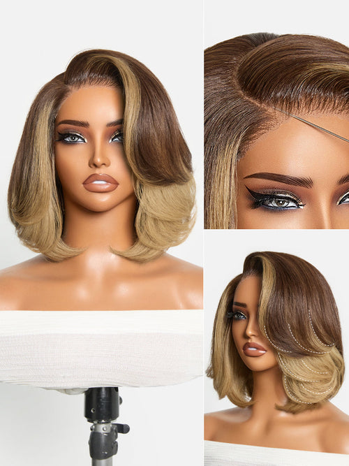 Honey Blonde Face-Framing Highlights Blow Out Layered Cut Glueless 5x5 Closure Lace Bob Wig Pre-cut Lace