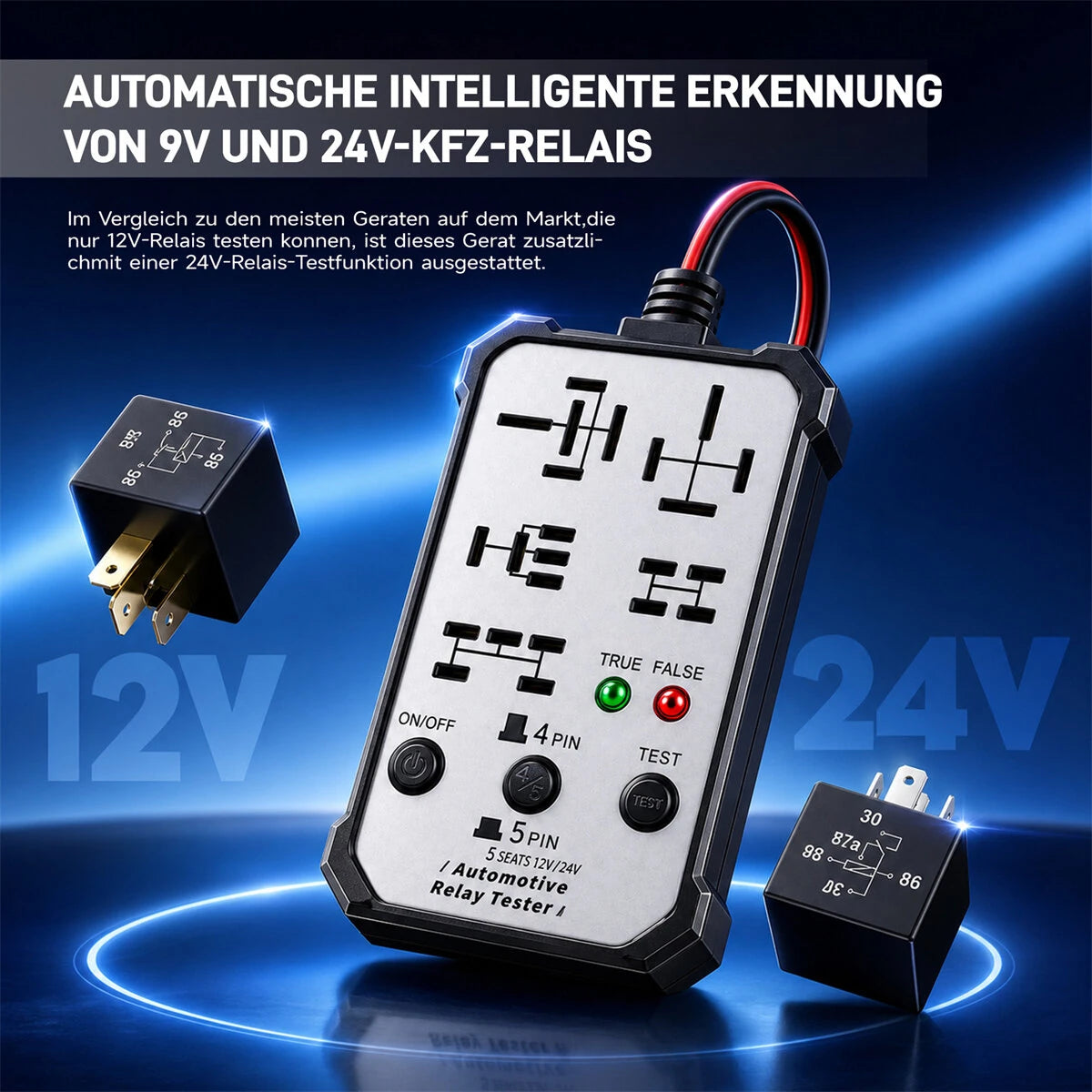 DW960 12V/24V Automotive Relay Tester (Suitable for 4-pin and 5-pin relays)
